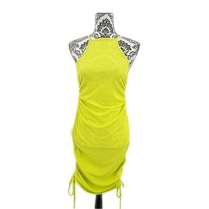 Almost Famous Hot Girl Summer Yellow Ruched Halter Sexy Adjustable Mini Dress, L